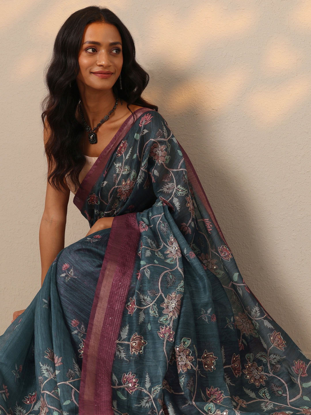 Blue Printed cotton blend Saree With Unstitched Blouse Piece