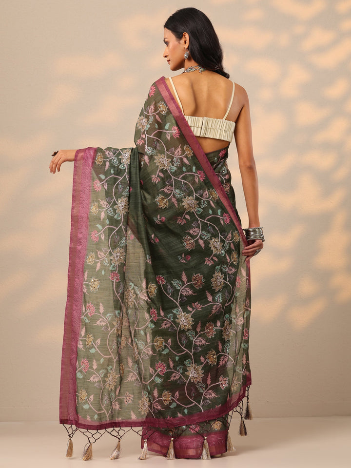 Green Printed cotton blend Saree With Unstitched Blouse Piece