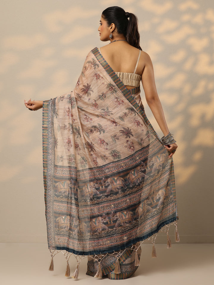 Peach Printed Cotton Blend Saree With Unstitched Blouse Piece