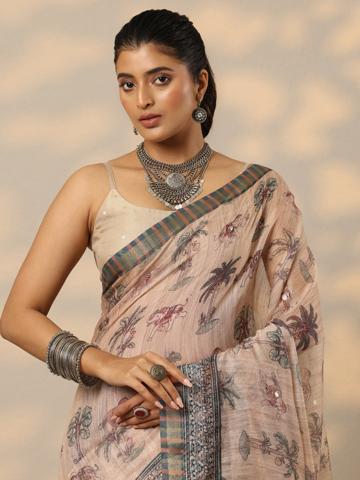 Peach Printed Cotton Blend Saree With Unstitched Blouse Piece