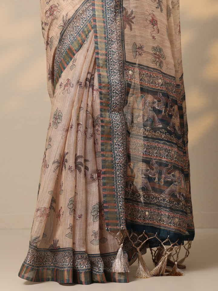 Peach Printed Cotton Blend Saree With Unstitched Blouse Piece