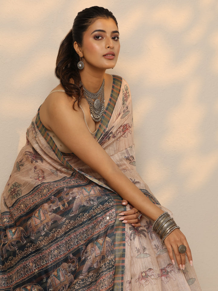 Peach Printed Cotton Blend Saree With Unstitched Blouse Piece