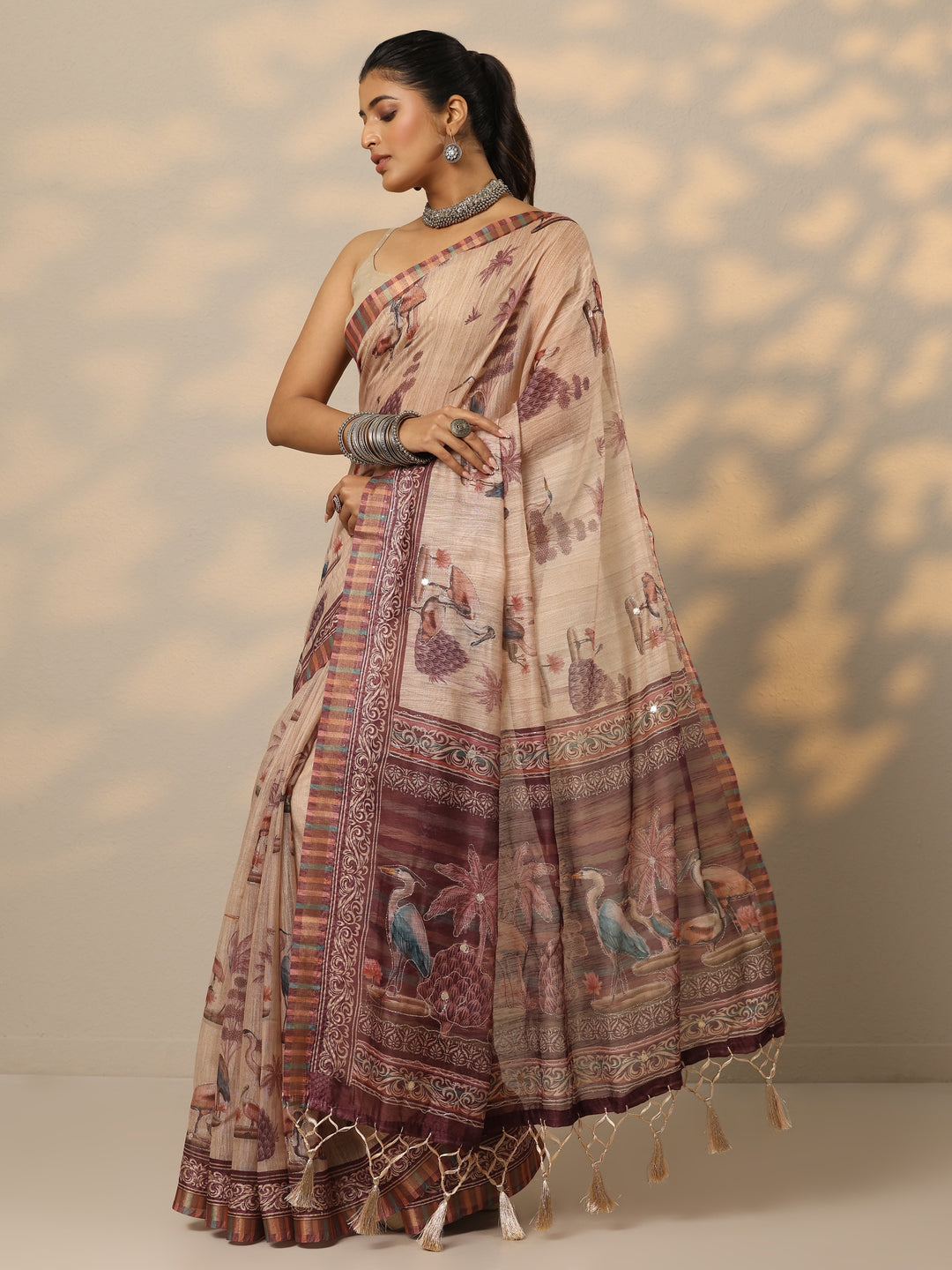 Tan Printed Cotton Blend Saree With Unstitched Blouse Piece