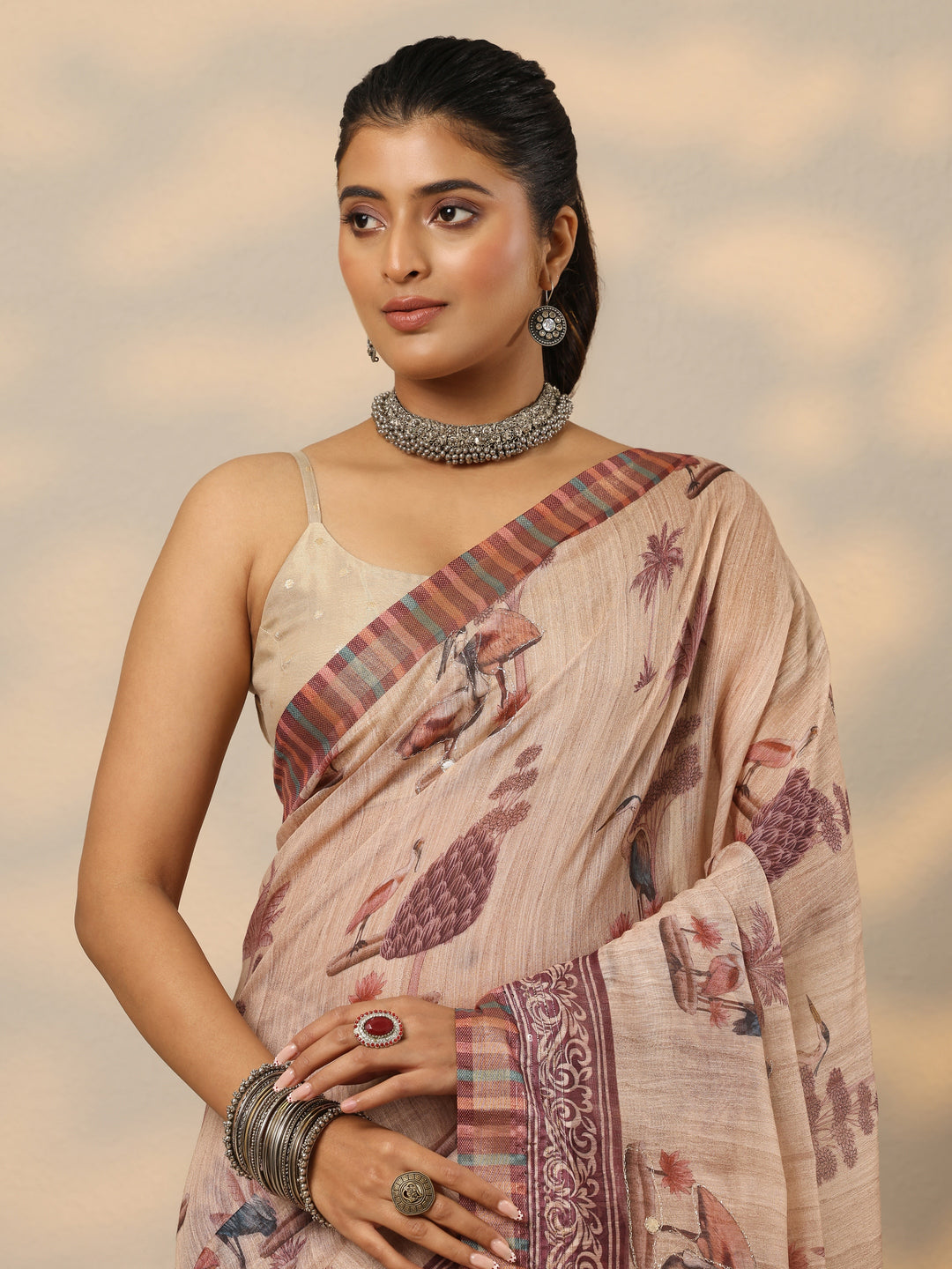 Tan Printed Cotton Blend Saree With Unstitched Blouse Piece