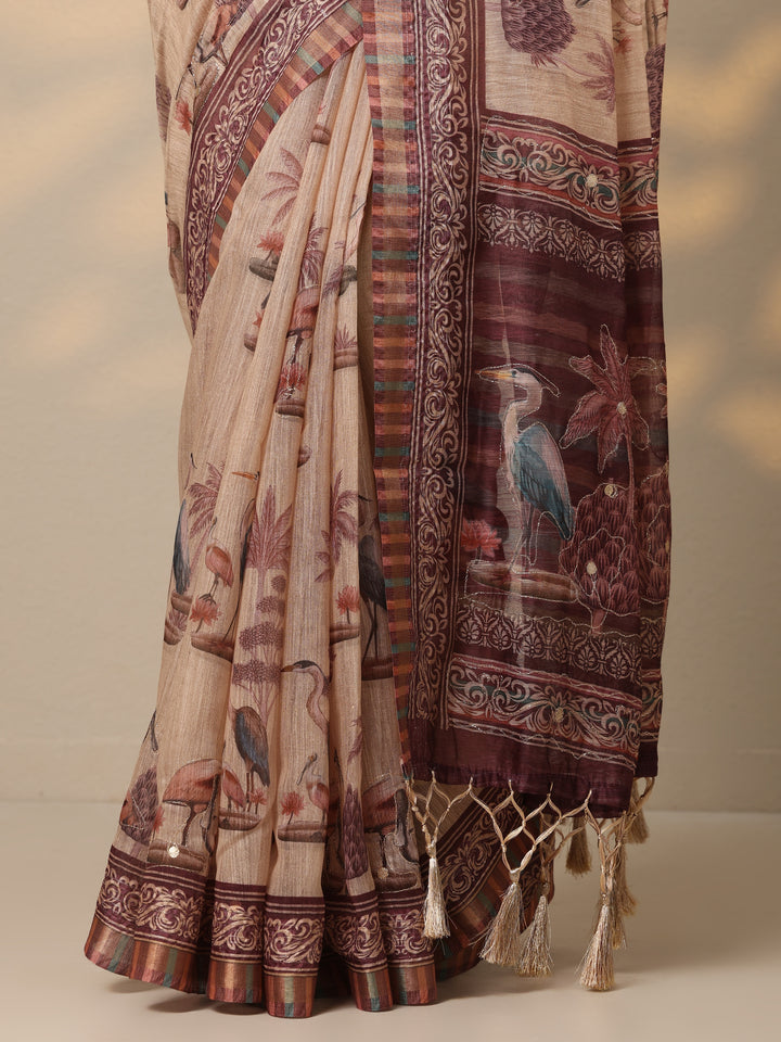 Tan Printed Cotton Blend Saree With Unstitched Blouse Piece