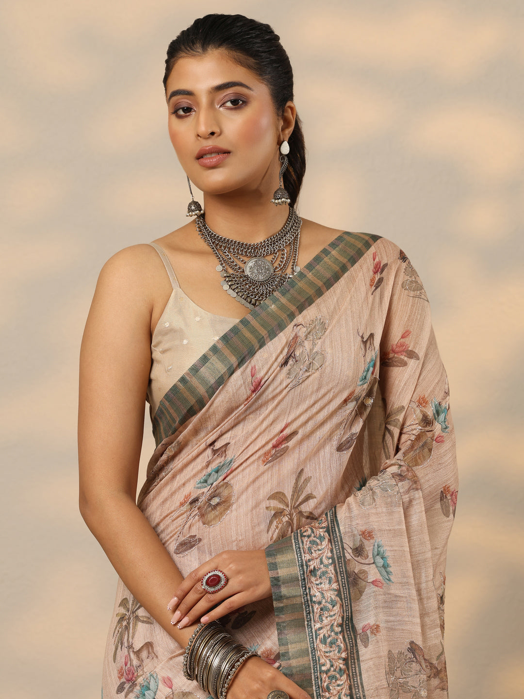 Tan Printed Cotton Blend Saree With Unstitched Blouse Piece