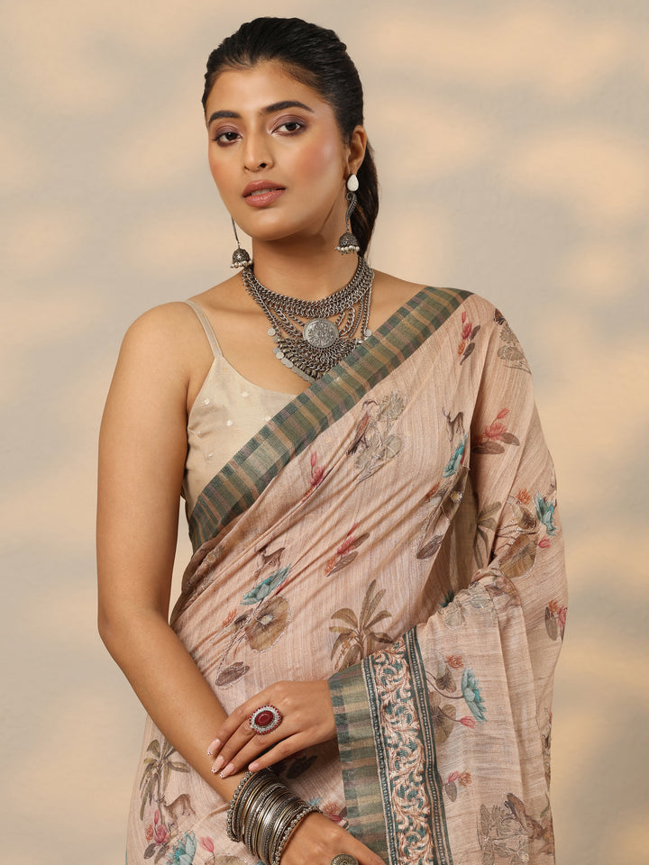 Tan Printed Cotton Blend Saree With Unstitched Blouse Piece