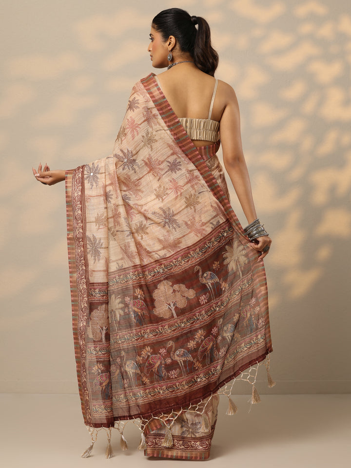Tan Printed Cotton Blend Saree With Unstitched Blouse Piece