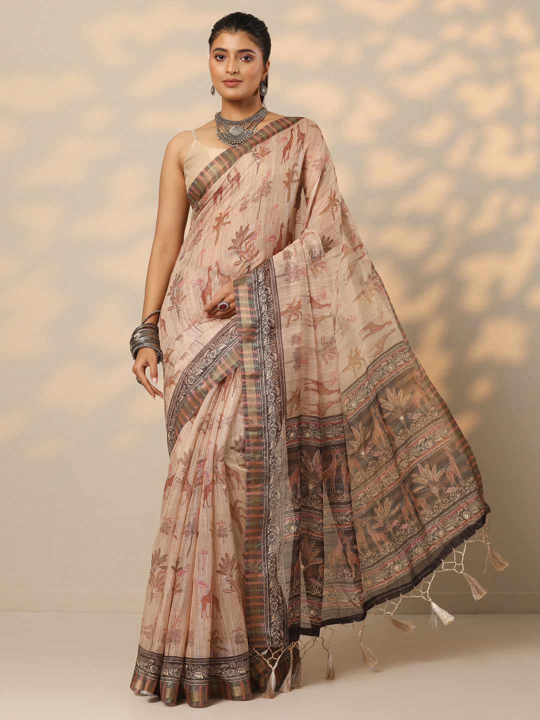 Tan Printed Cotton Blend Saree With Unstitched Blouse Piece