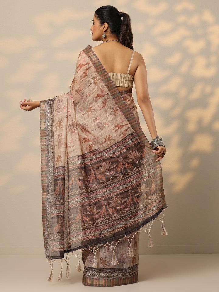 Tan Printed Cotton Blend Saree With Unstitched Blouse Piece