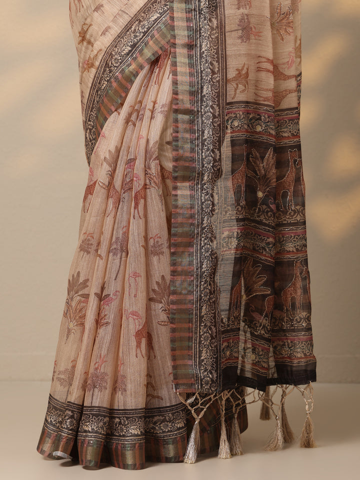 Tan Printed Cotton Blend Saree With Unstitched Blouse Piece