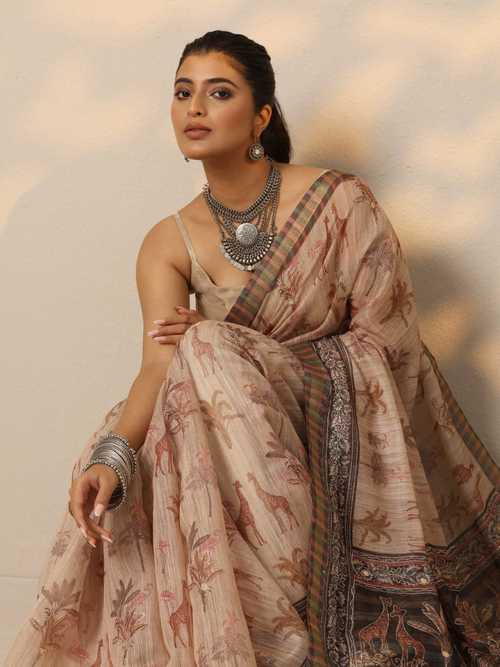 Tan Printed Cotton Blend Saree With Unstitched Blouse Piece