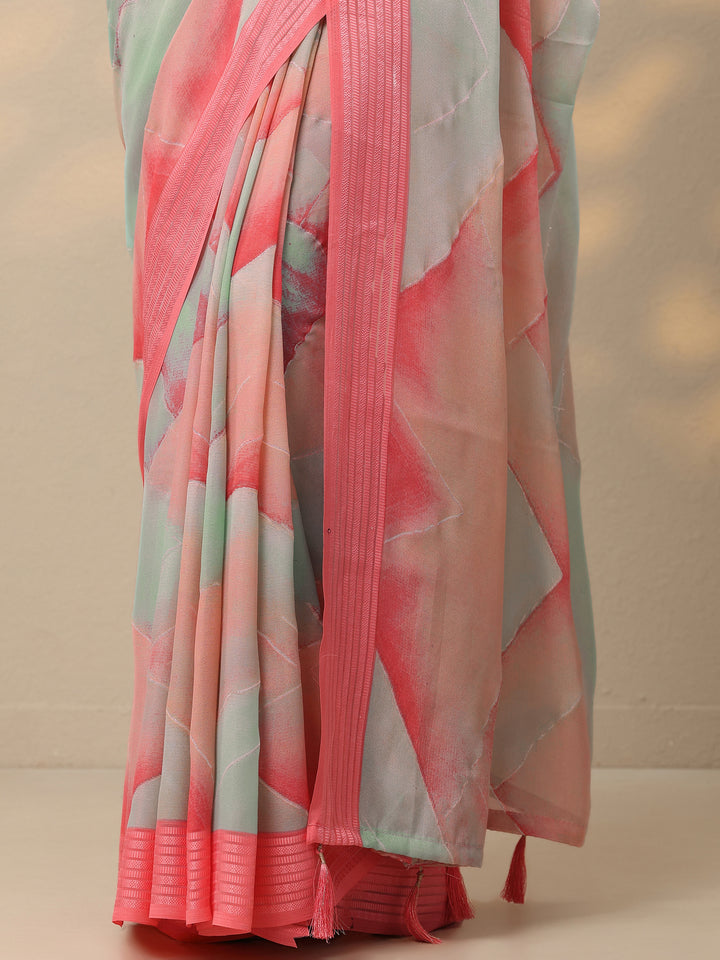 Multi Printed Chinon Saree With Unstitched Blouse Piece
