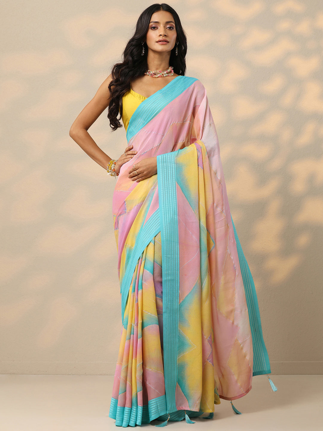 Multi Printed Chinon Saree With Unstitched Blouse Piece
