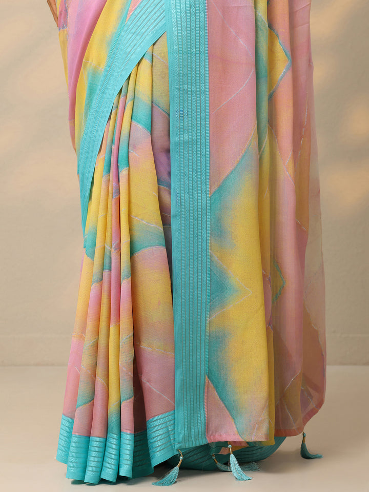 Multi Printed Chinon Saree With Unstitched Blouse Piece