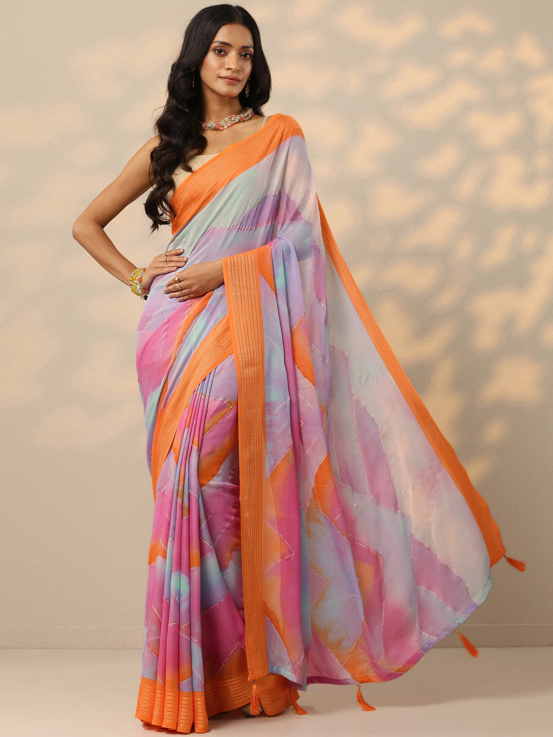 Multi Printed Chinon Saree With Unstitched Blouse Piece