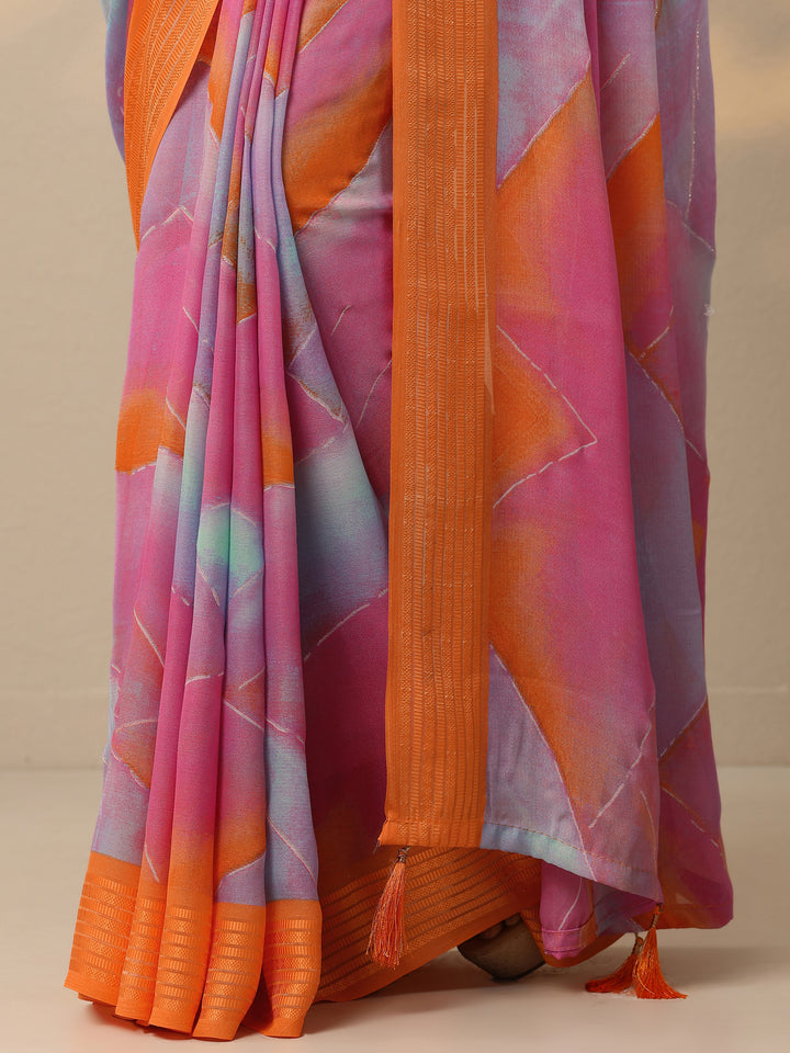 Multi Printed Chinon Saree With Unstitched Blouse Piece