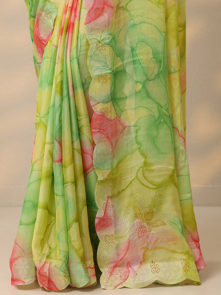 Green Printed Chinon Saree With Unstitched Blouse Piece