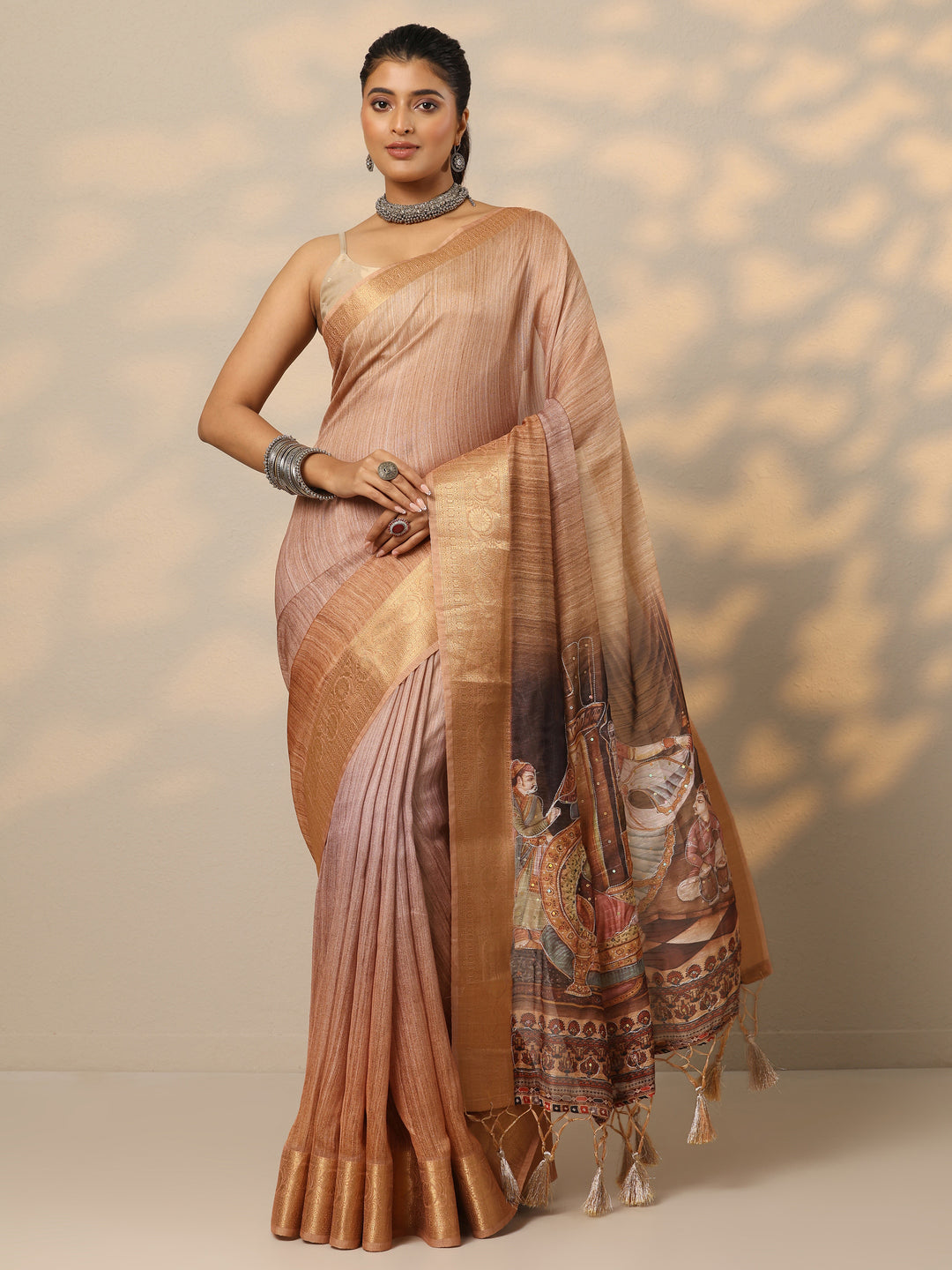 Tan Printed Georgette Saree With Unstitched Blouse Piece