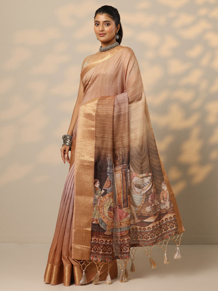 Tan Printed Georgette Saree With Unstitched Blouse Piece