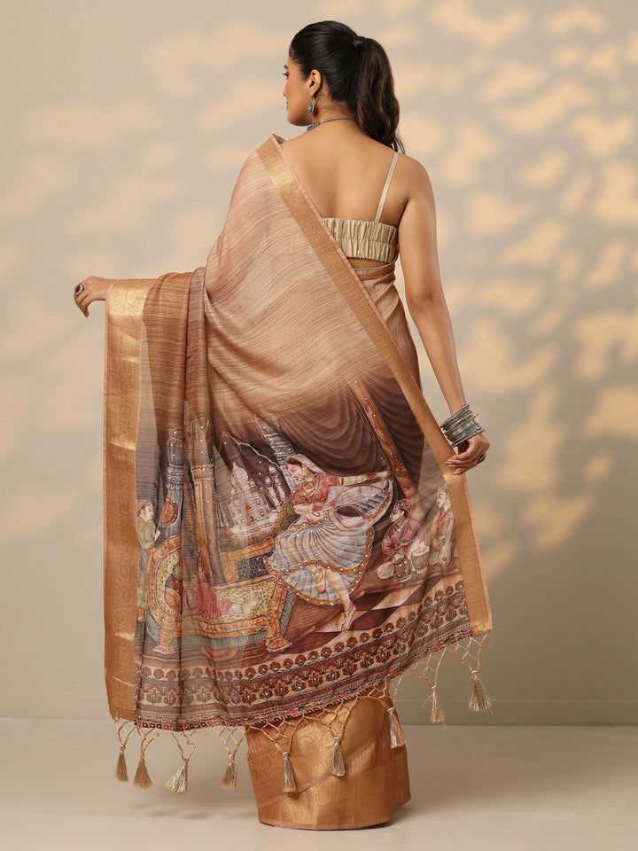 Tan Printed Georgette Saree With Unstitched Blouse Piece