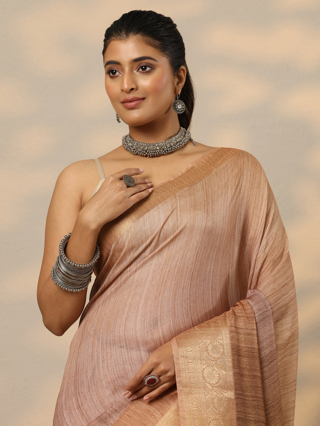 Tan Printed Georgette Saree With Unstitched Blouse Piece