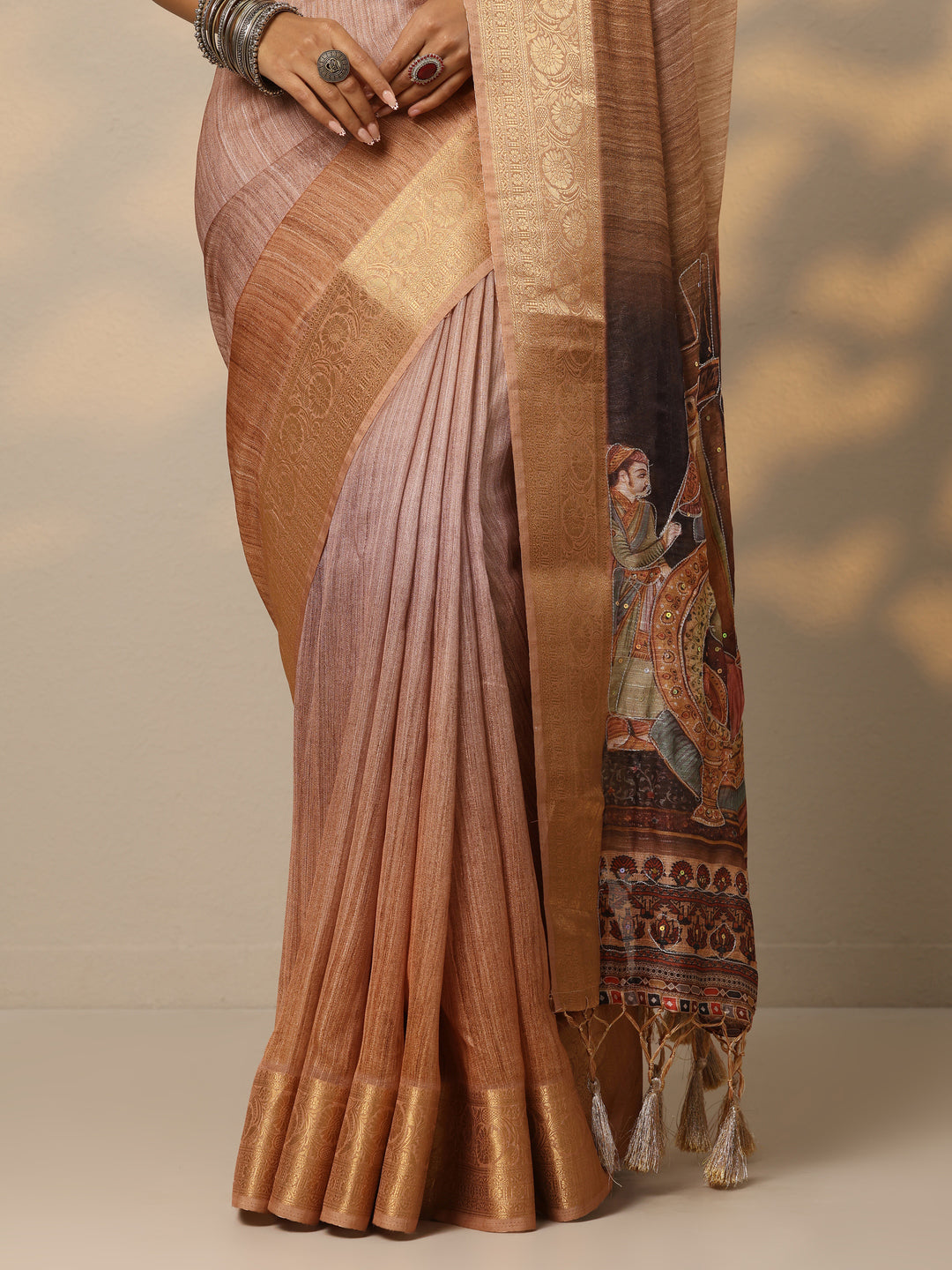 Tan Printed Georgette Saree With Unstitched Blouse Piece