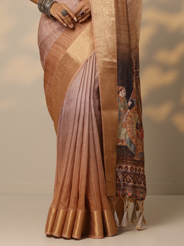 Tan Printed Georgette Saree With Unstitched Blouse Piece