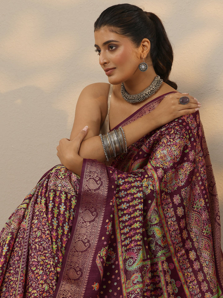 Burgundy Printed Silk Blend Saree With Unstitched Blouse Piece