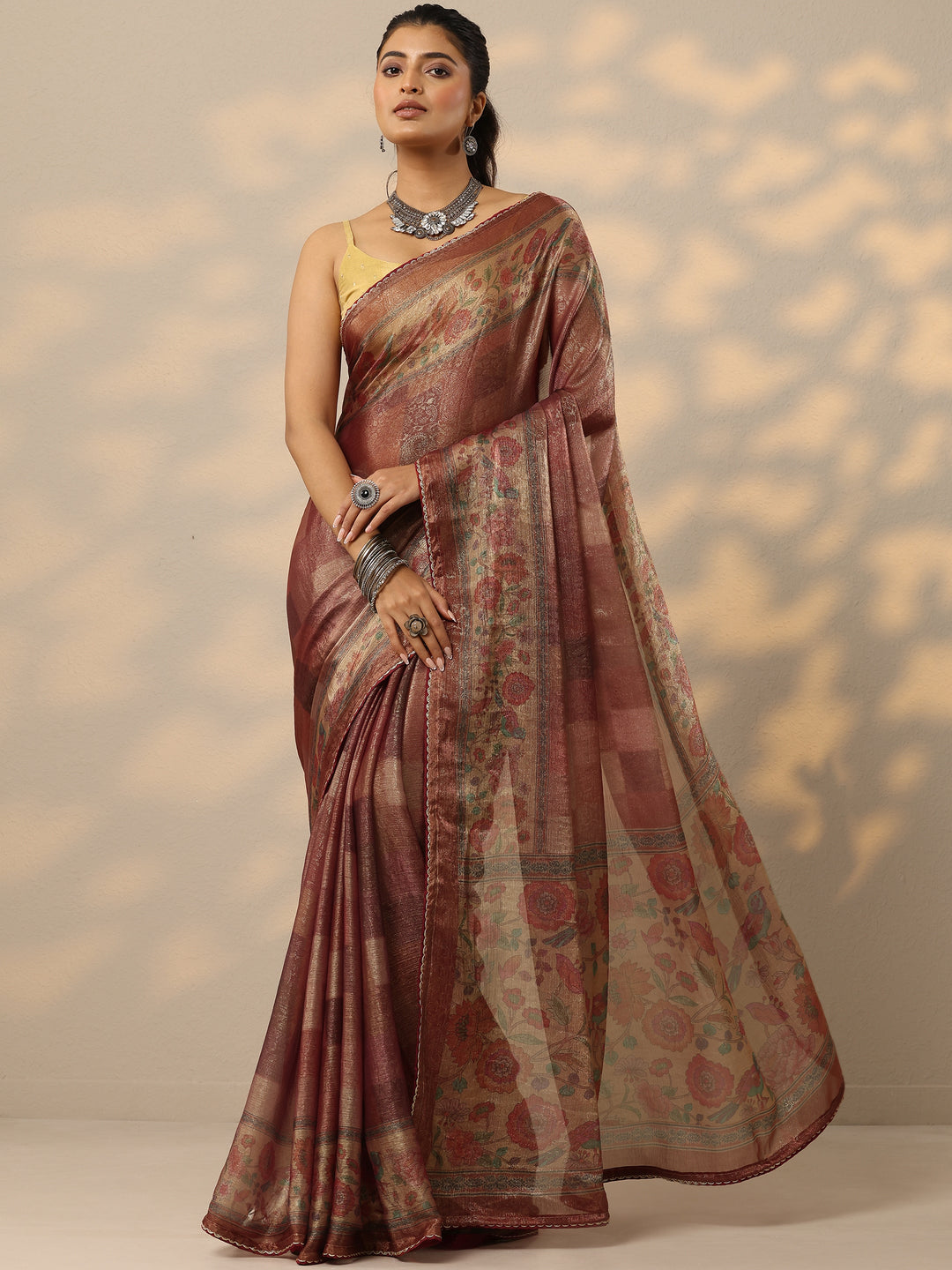 Rust Embellished Organza Saree With Unstitched Blouse Piece