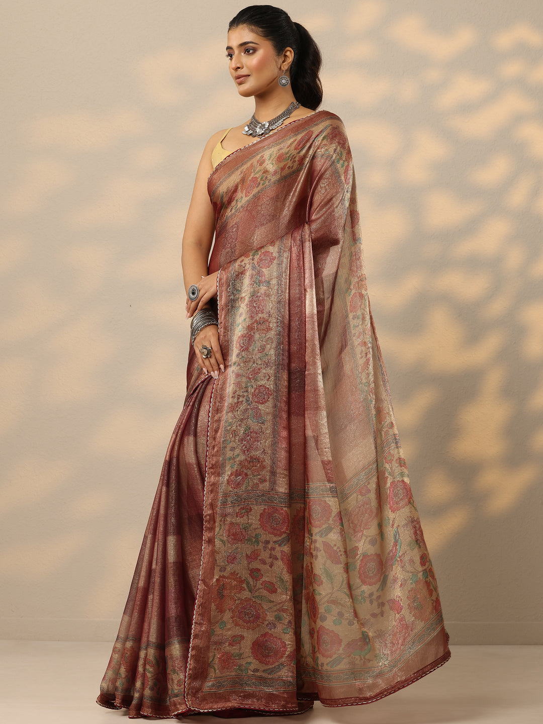 Rust Embellished Organza Saree With Unstitched Blouse Piece