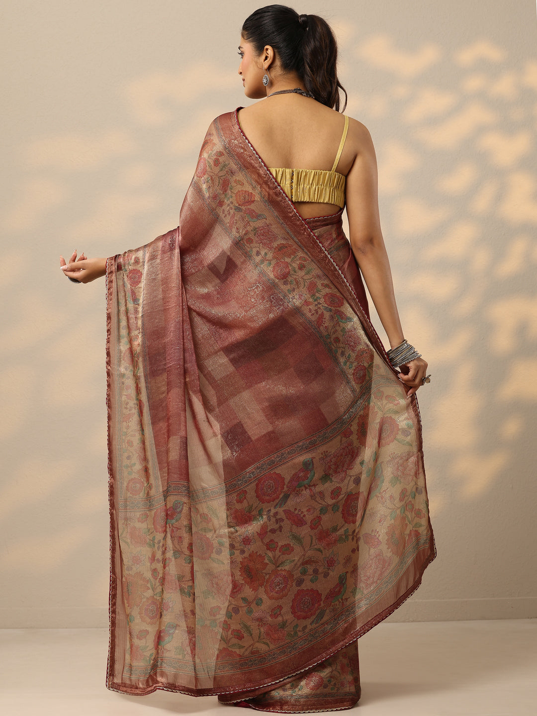 Rust Embellished Organza Saree With Unstitched Blouse Piece