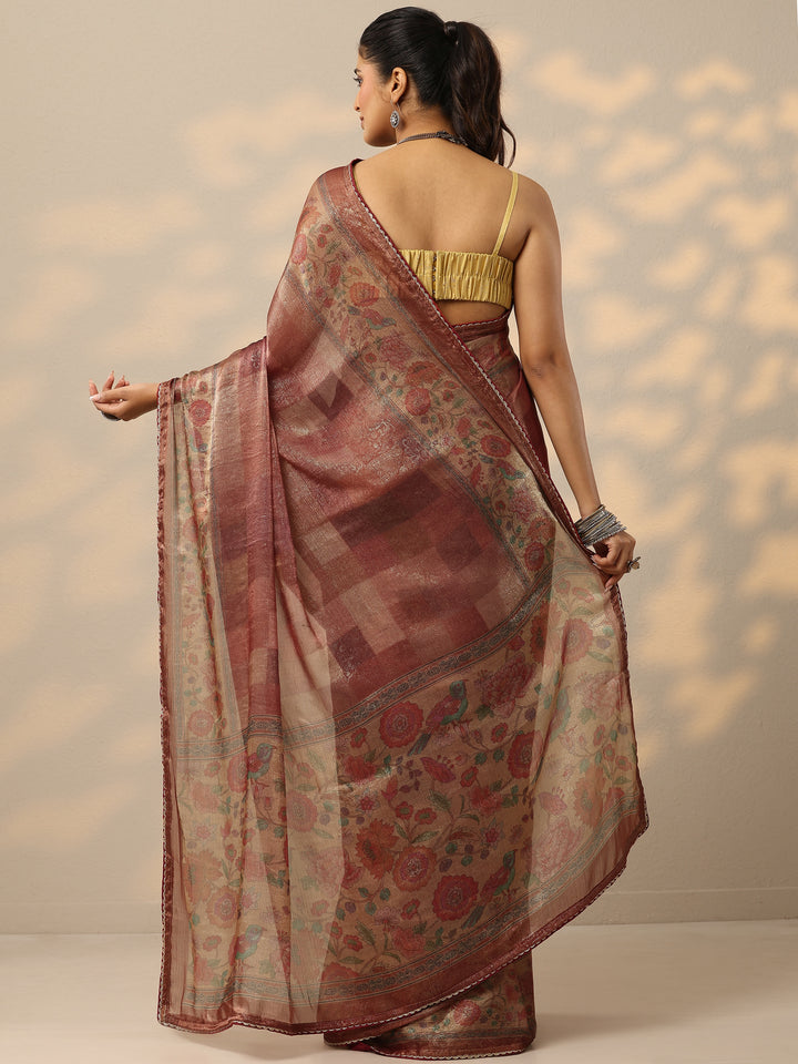 Rust Embellished Organza Saree With Unstitched Blouse Piece