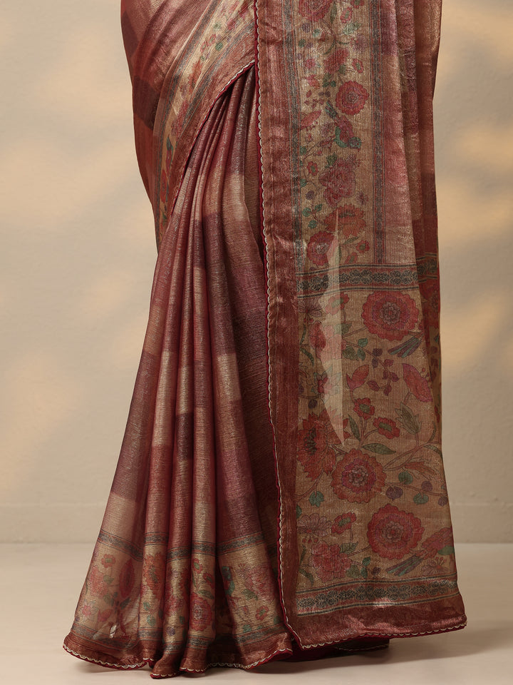 Rust Embellished Organza Saree With Unstitched Blouse Piece