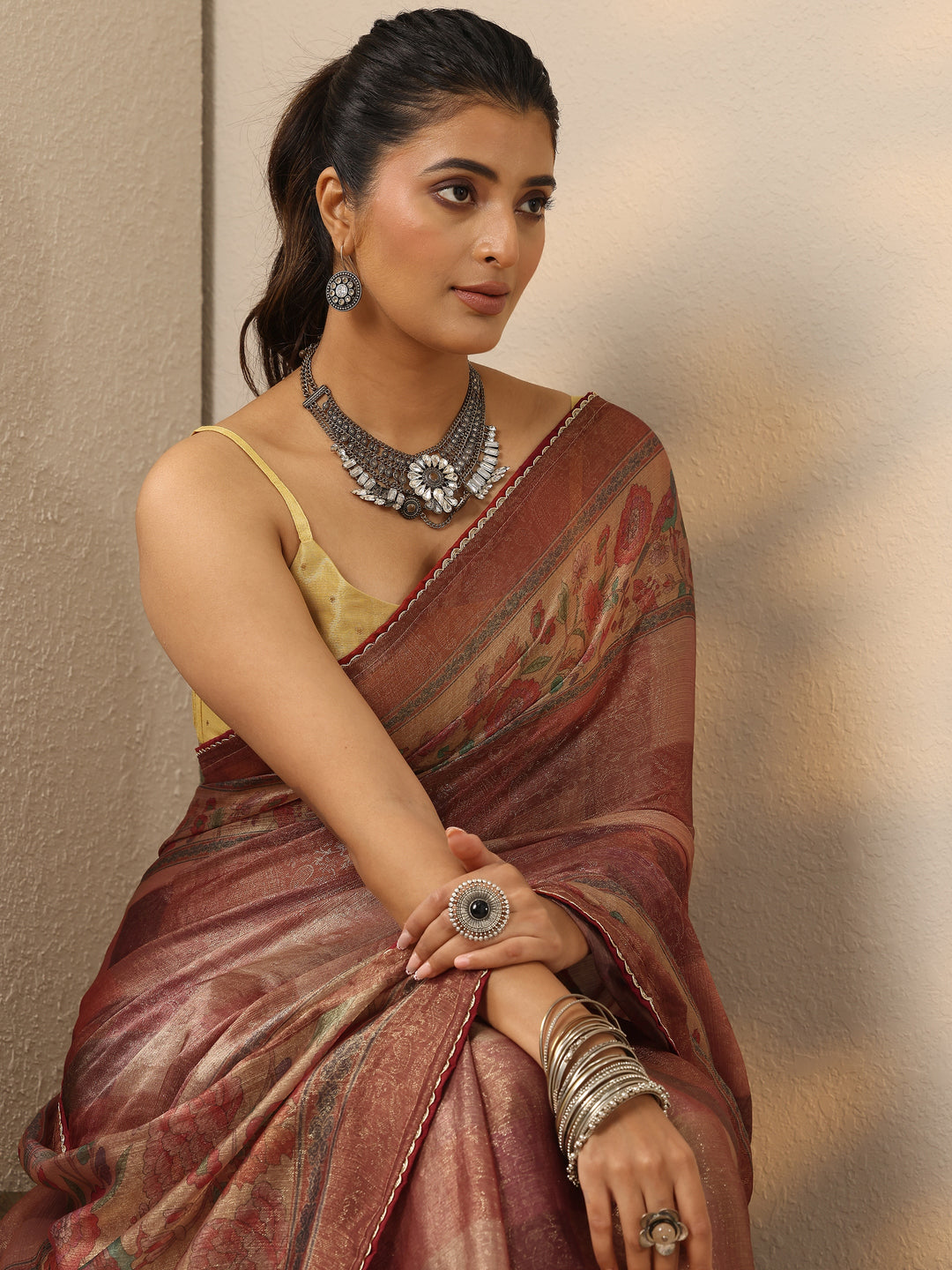 Rust Embellished Organza Saree With Unstitched Blouse Piece