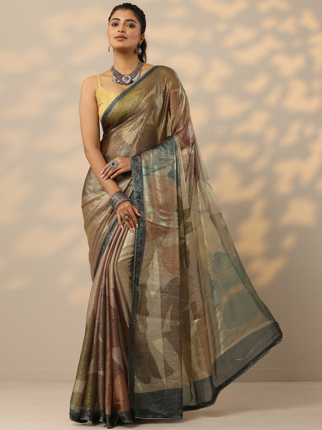 Tan Embellished Organza Saree With Unstitched Blouse Piece