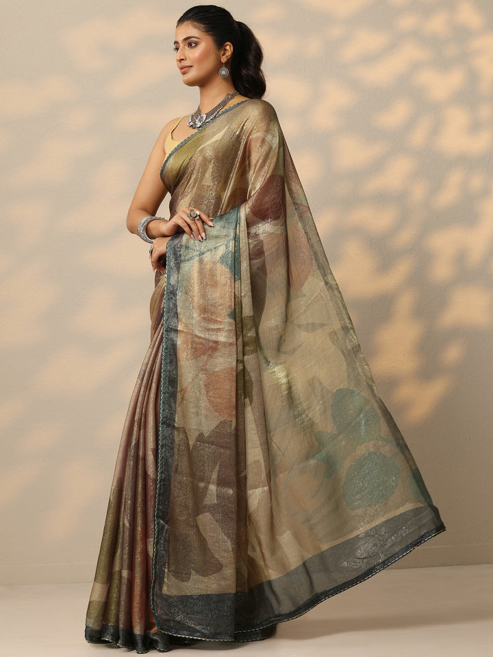 Tan Embellished Organza Saree With Unstitched Blouse Piece