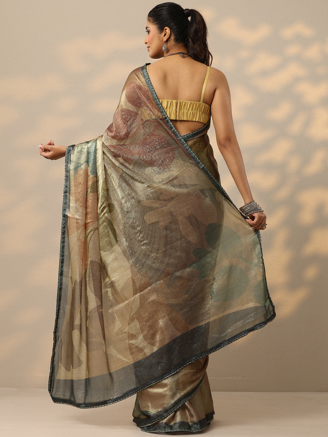 Tan Embellished Organza Saree With Unstitched Blouse Piece