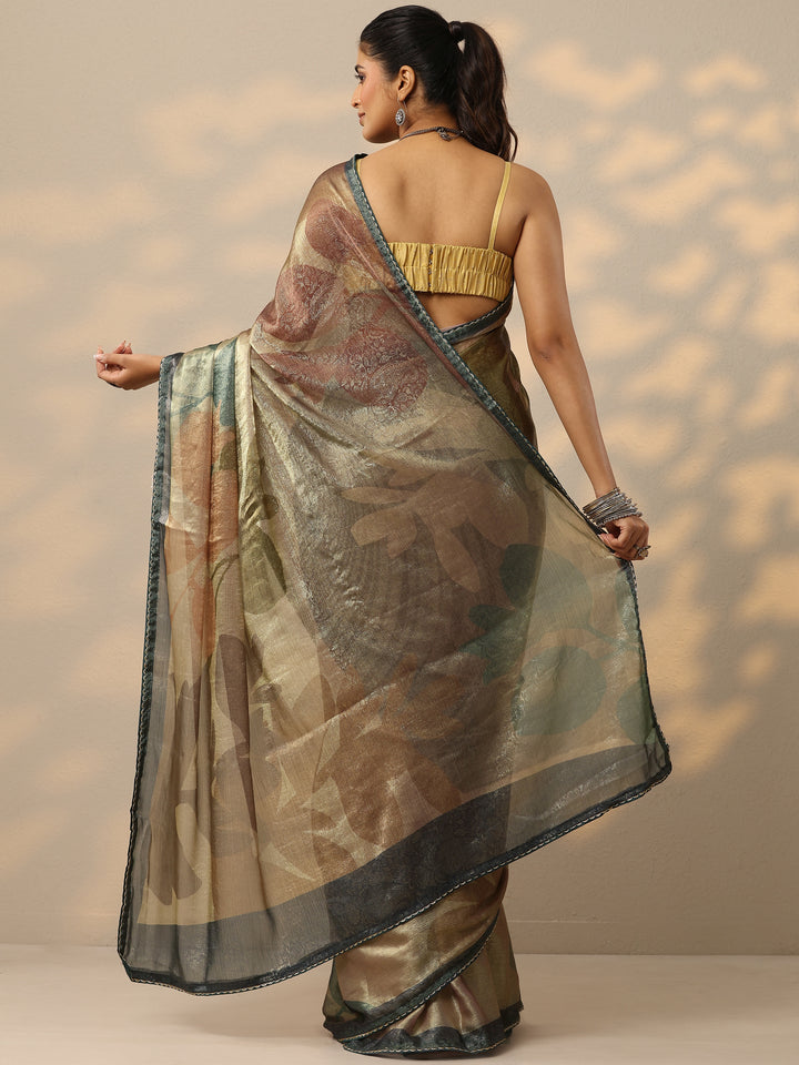 Tan Embellished Organza Saree With Unstitched Blouse Piece