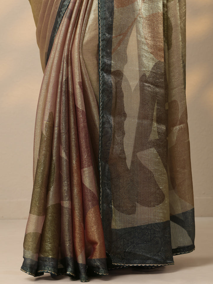Tan Embellished Organza Saree With Unstitched Blouse Piece