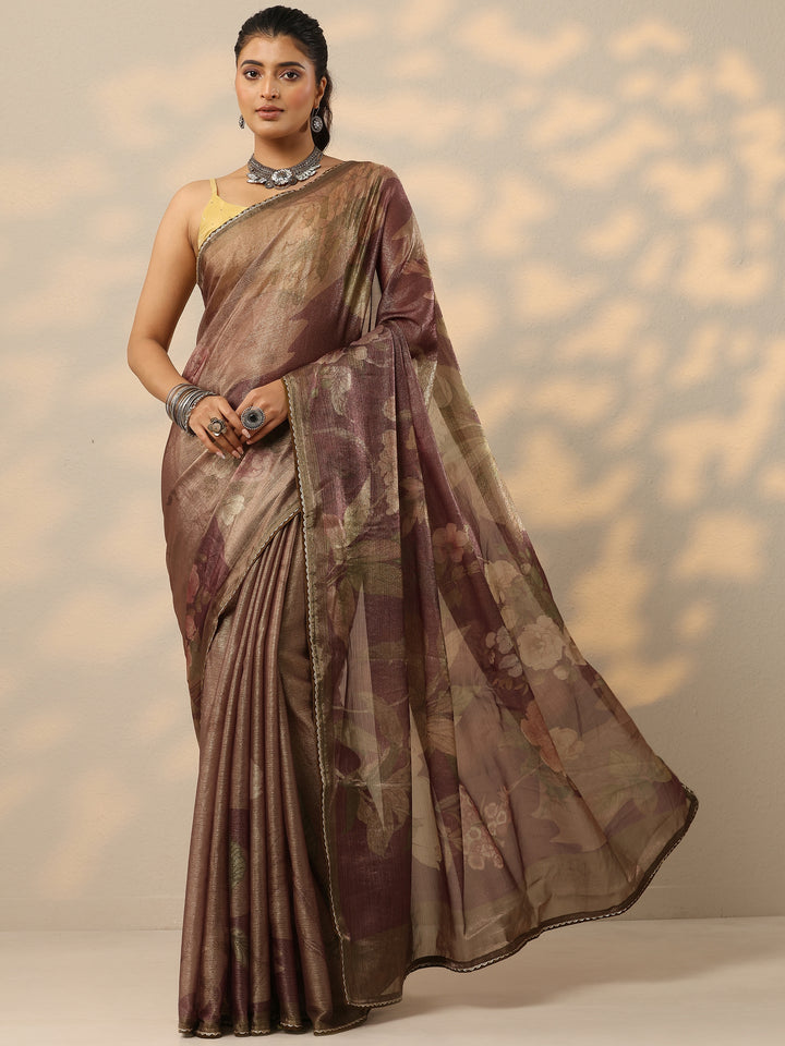 Mauve Embellished Organza Saree With Unstitched Blouse Piece
