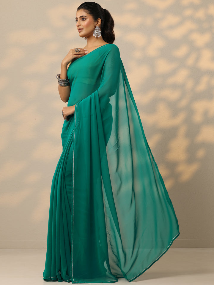 Green Solid Georgette Saree With Unstitched Blouse Piece