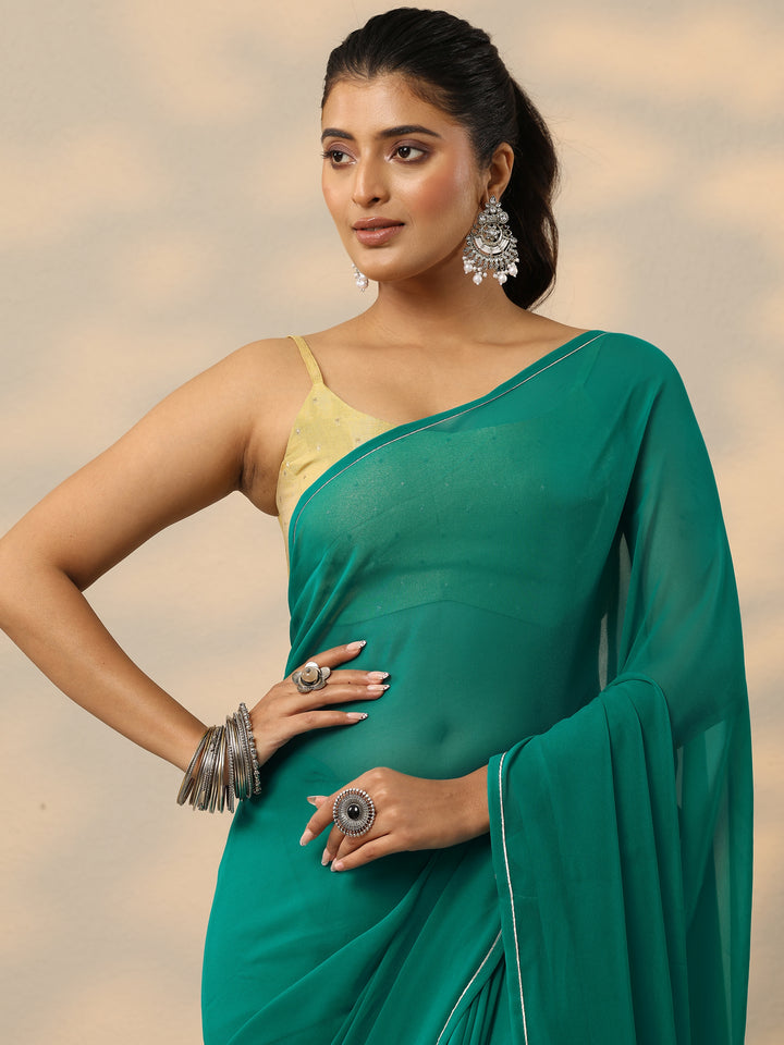 Green Solid Georgette Saree With Unstitched Blouse Piece