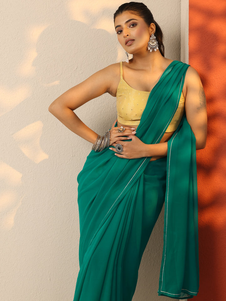 Green Solid Georgette Saree With Unstitched Blouse Piece