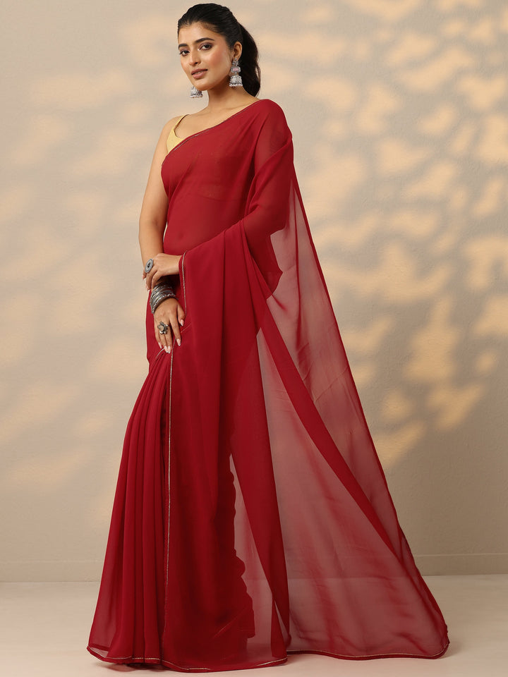 Red Solid Georgette Saree With Unstitched Blouse Piece