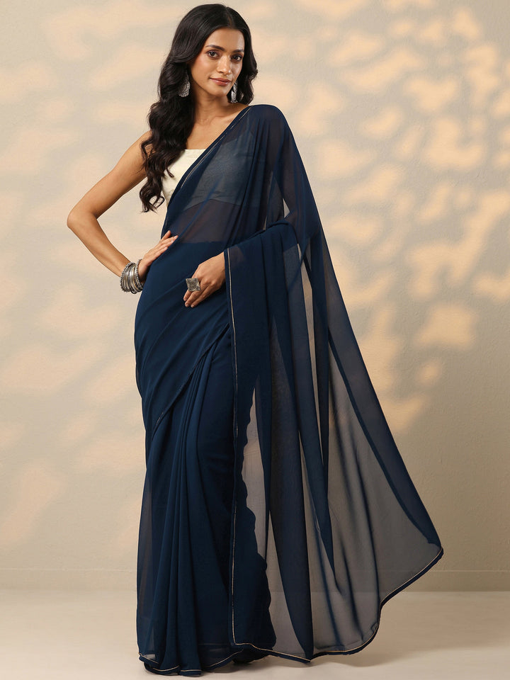 Blue Solid Georgette Saree With Unstitched Blouse Piece