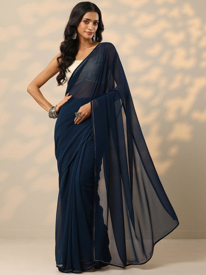 Blue Solid Georgette Saree With Unstitched Blouse Piece