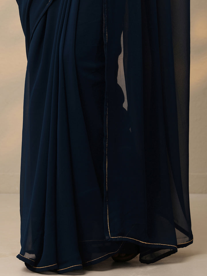 Blue Solid Georgette Saree With Unstitched Blouse Piece