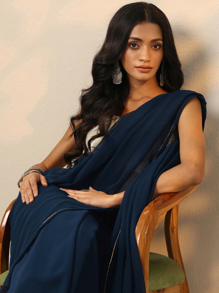 Blue Solid Georgette Saree With Unstitched Blouse Piece
