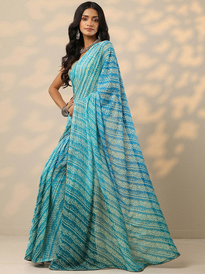 Teal Bandhani Printed Chiffon Saree With Unstitched Blouse Piece